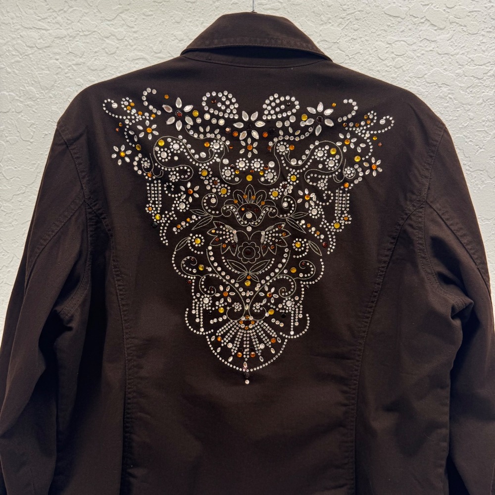Chicos Platinum Brown Rhinestone‎ Embellished Jacket Cotton Stretch Size 3 XL
